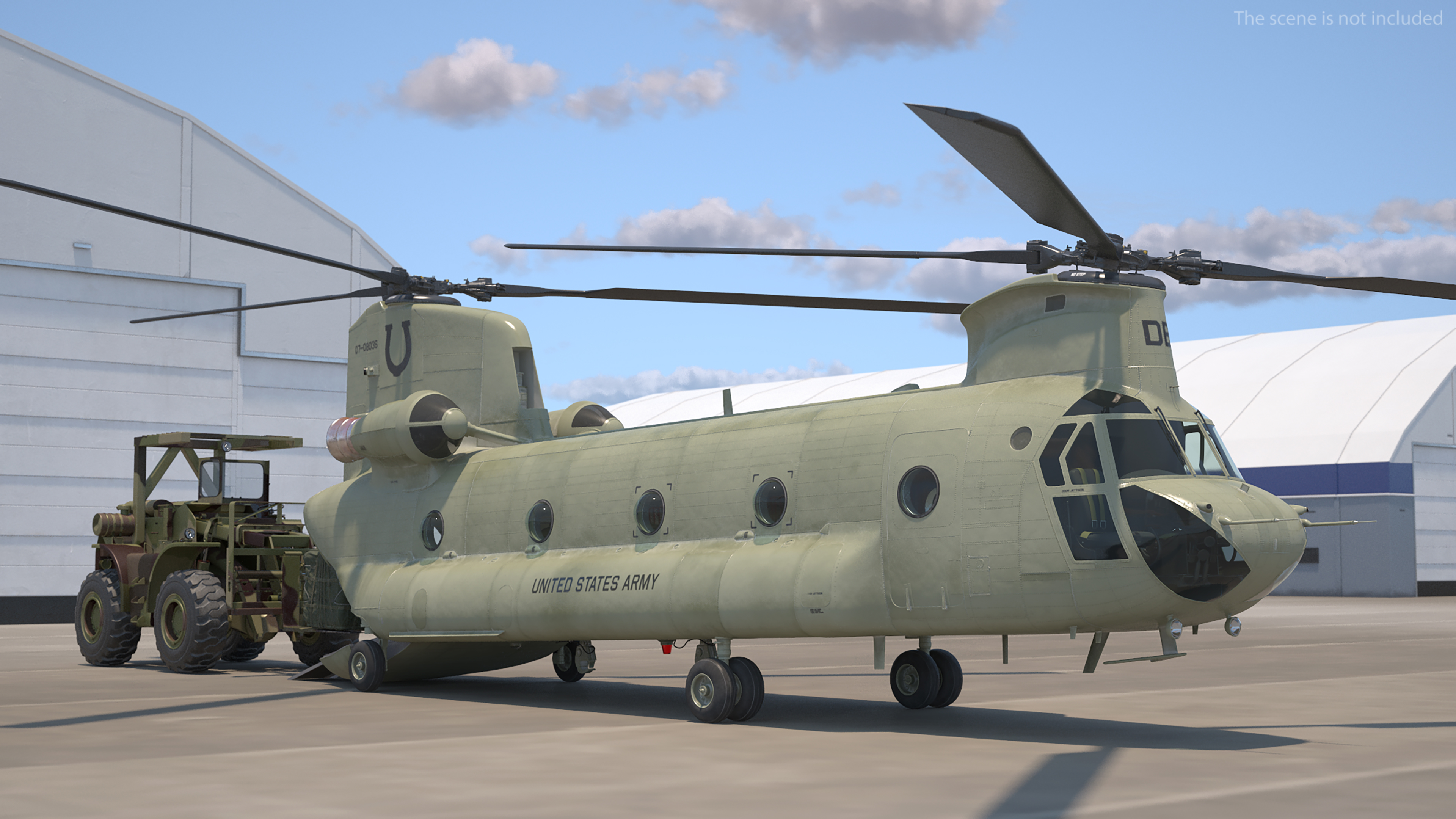 Forklift Loads Cargo to the Transport Helicopter CH 47 Chinook Rigged 3D model