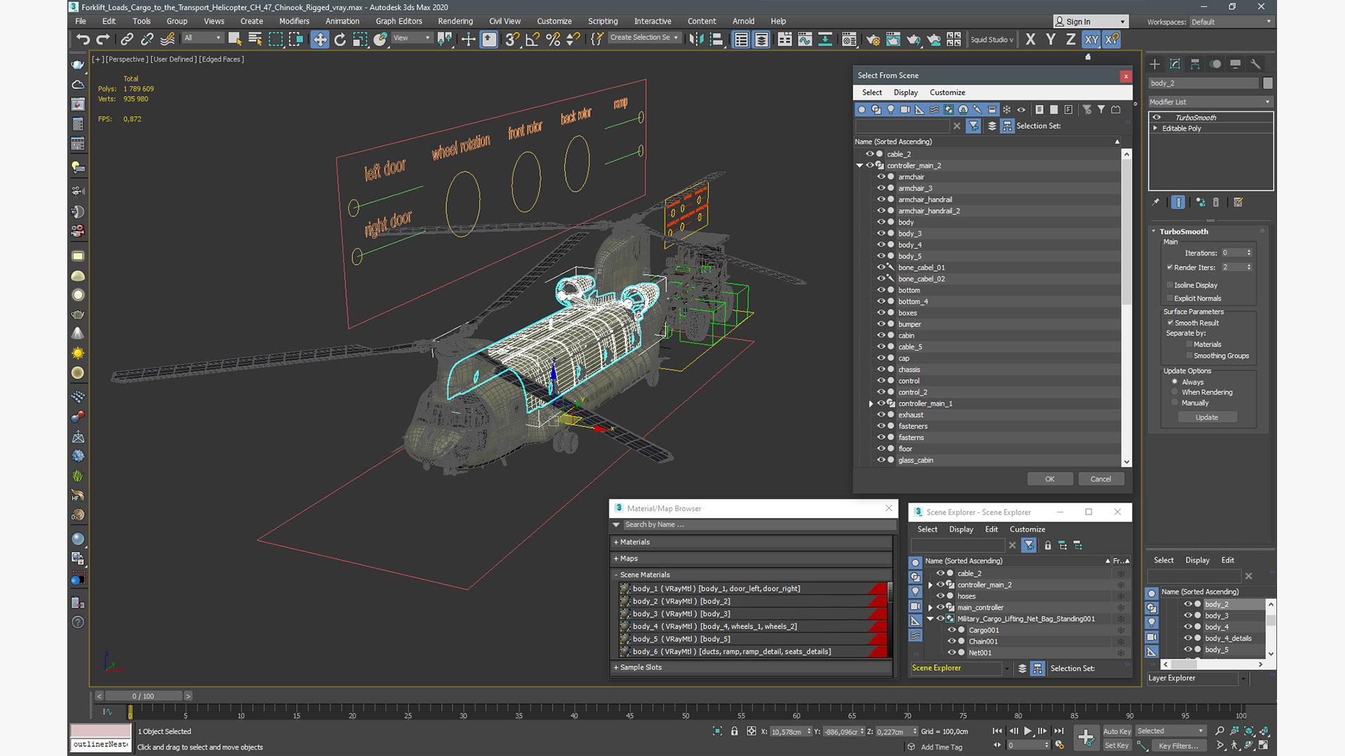 Forklift Loads Cargo to the Transport Helicopter CH 47 Chinook Rigged 3D model