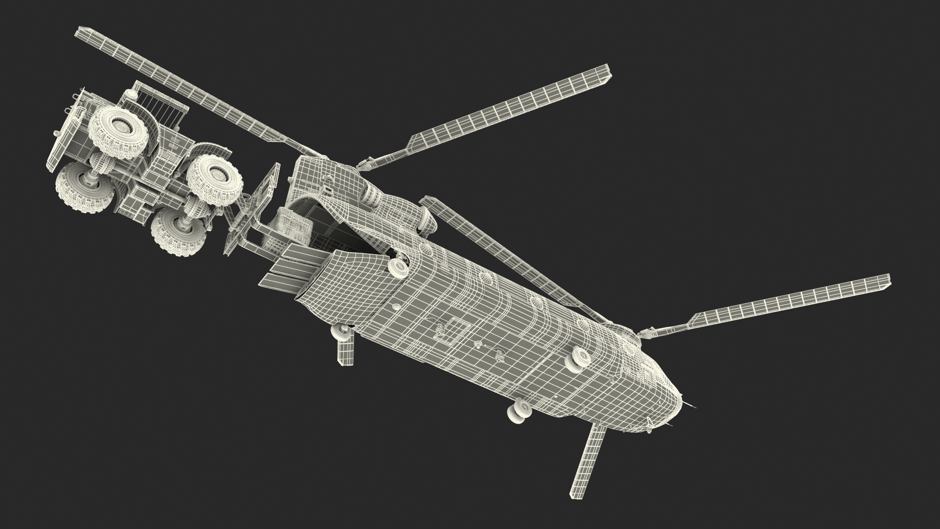 Forklift Loads Cargo to the Transport Helicopter CH 47 Chinook Rigged 3D model