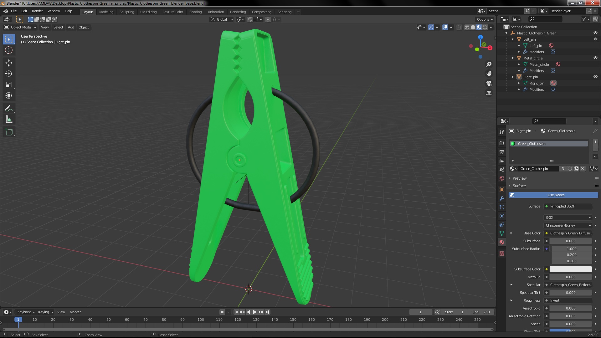 Plastic Clothespin Green 3D model
