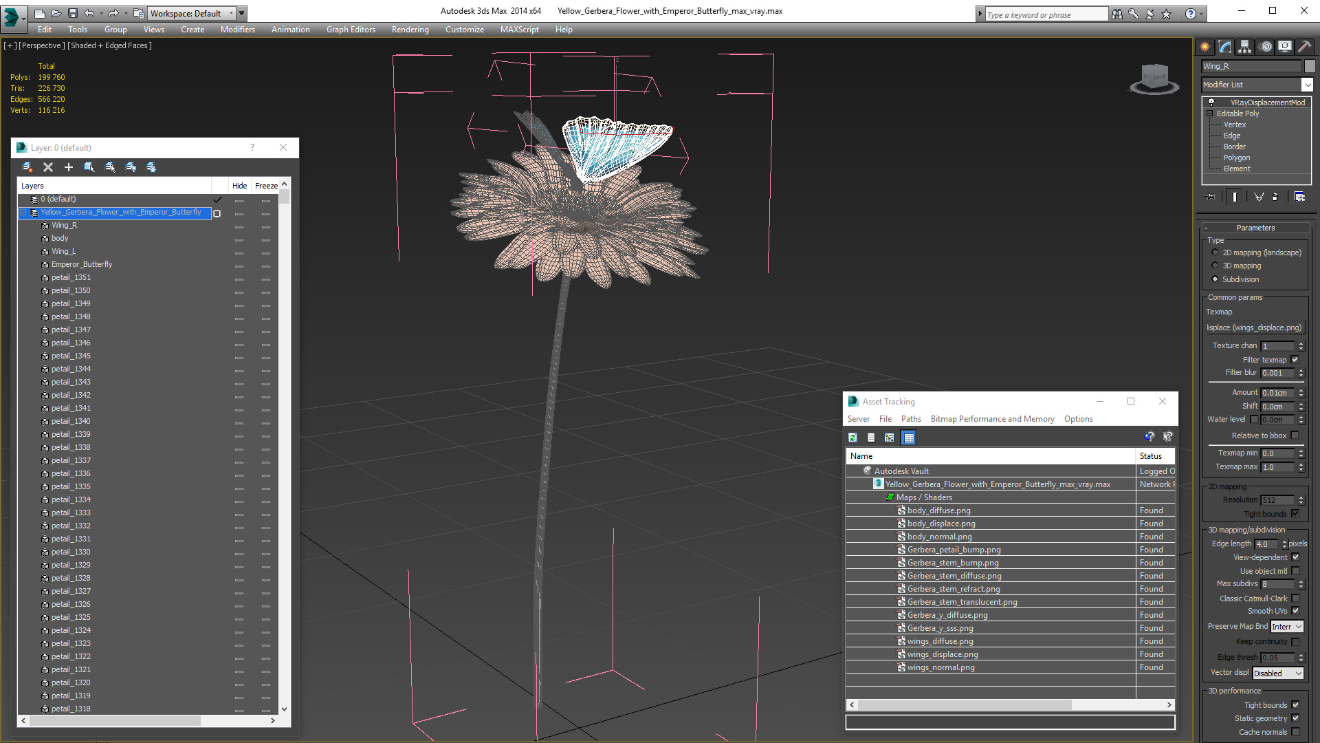 Yellow Gerbera Flower with Emperor Butterfly 3D model
