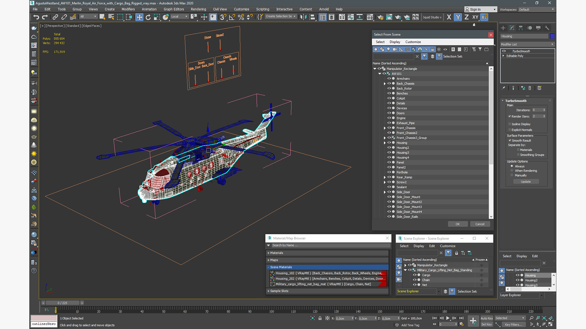 3D model AgustaWestland AW101 Merlin Royal Air Force with Cargo Bag Rigged