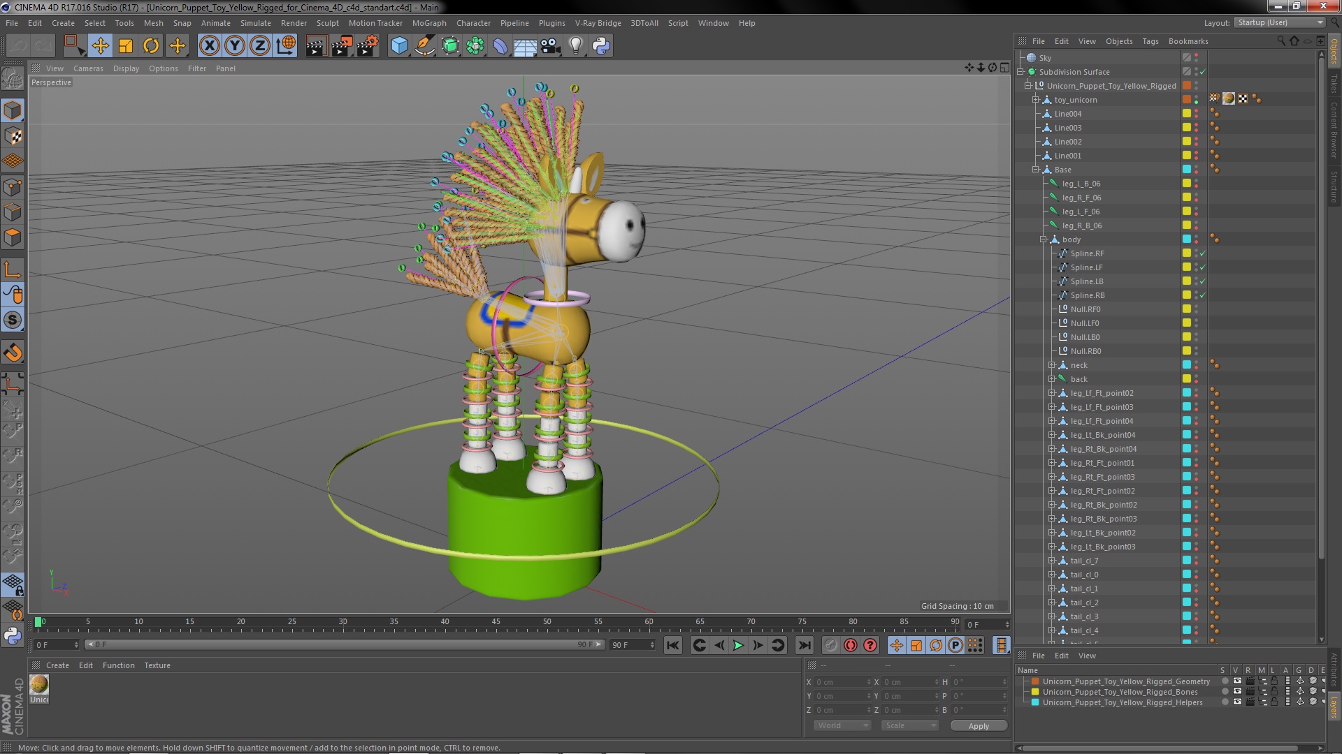 3D Unicorn Puppet Toy Yellow Rigged for Cinema 4D