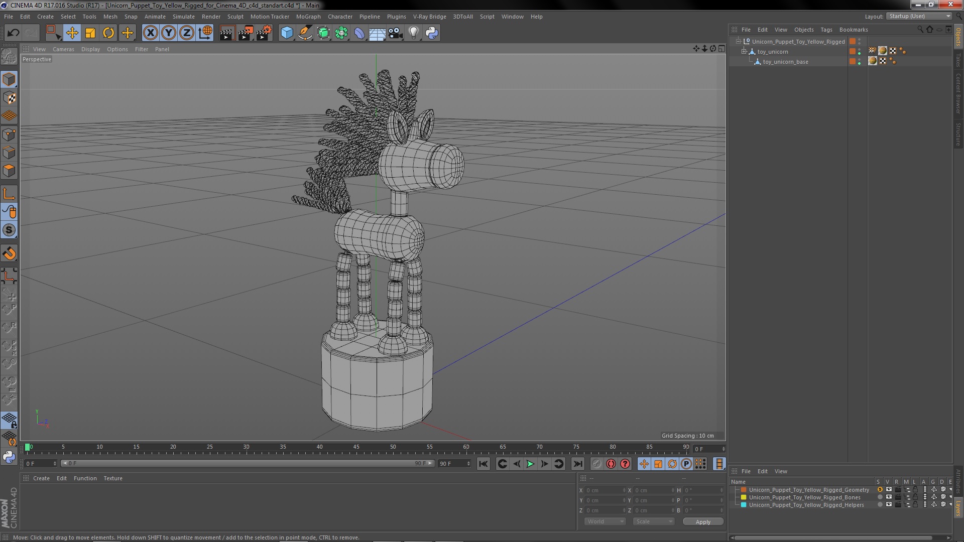 3D Unicorn Puppet Toy Yellow Rigged for Cinema 4D