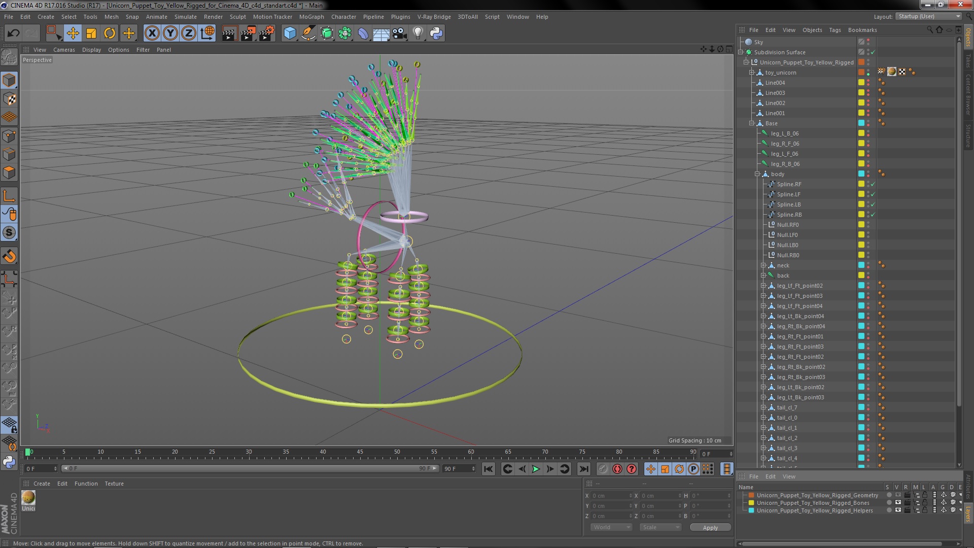 3D Unicorn Puppet Toy Yellow Rigged for Cinema 4D