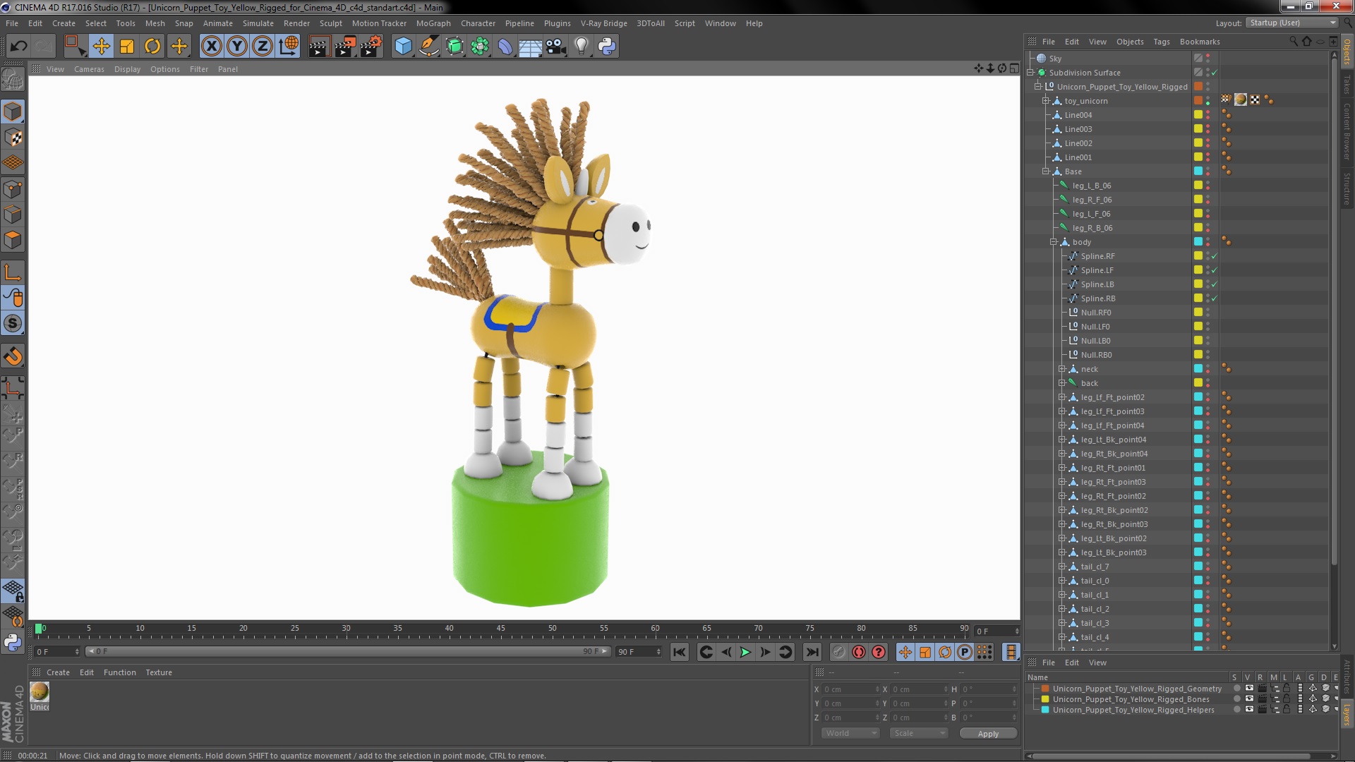 3D Unicorn Puppet Toy Yellow Rigged for Cinema 4D