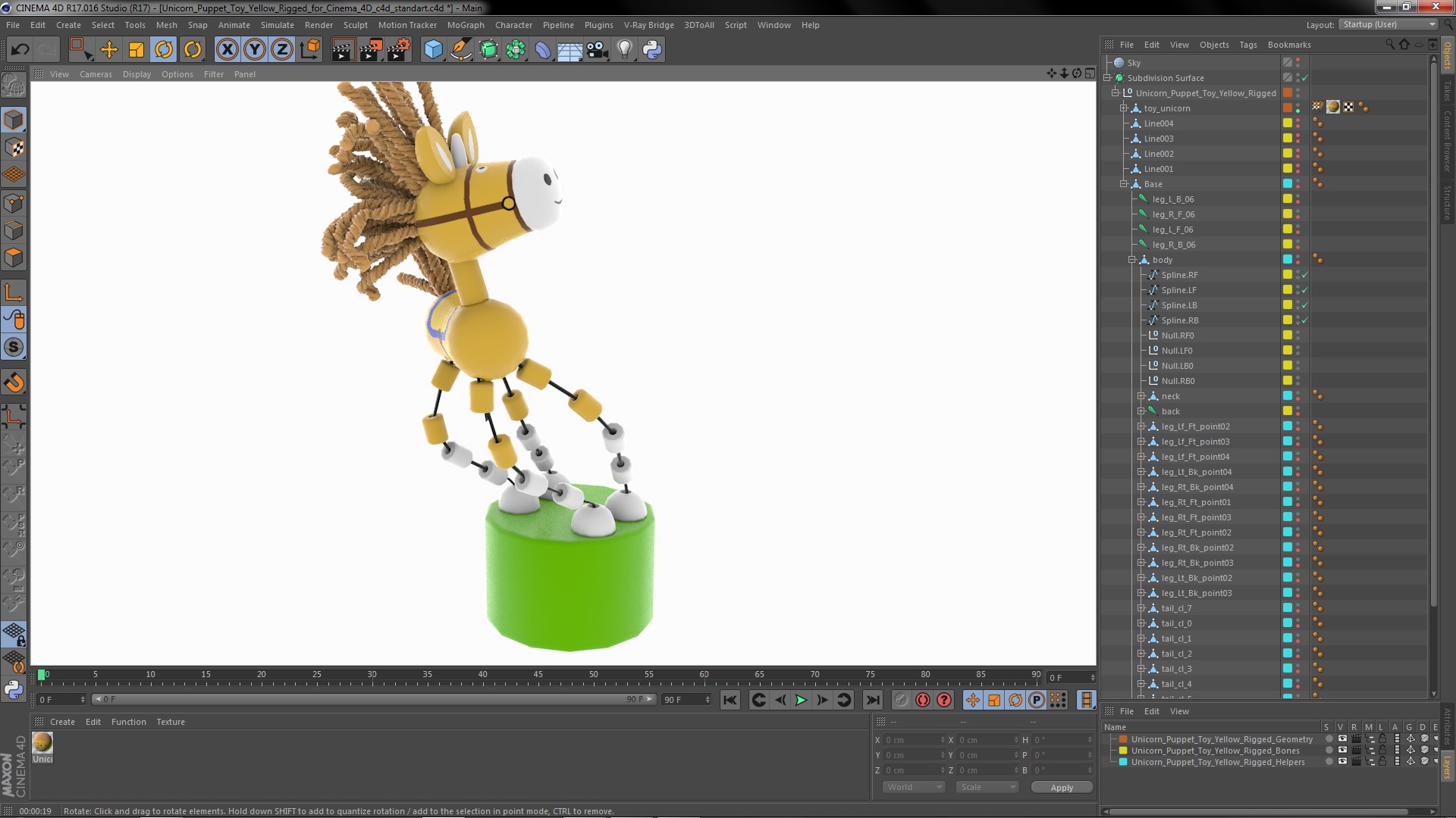 3D Unicorn Puppet Toy Yellow Rigged for Cinema 4D
