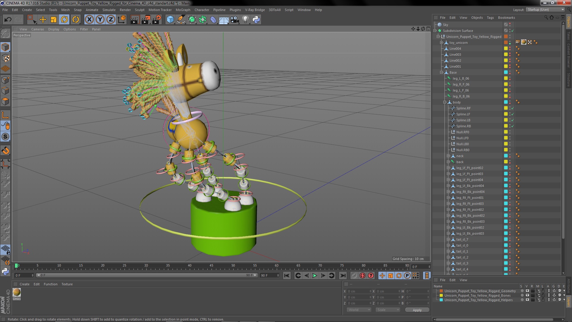 3D Unicorn Puppet Toy Yellow Rigged for Cinema 4D