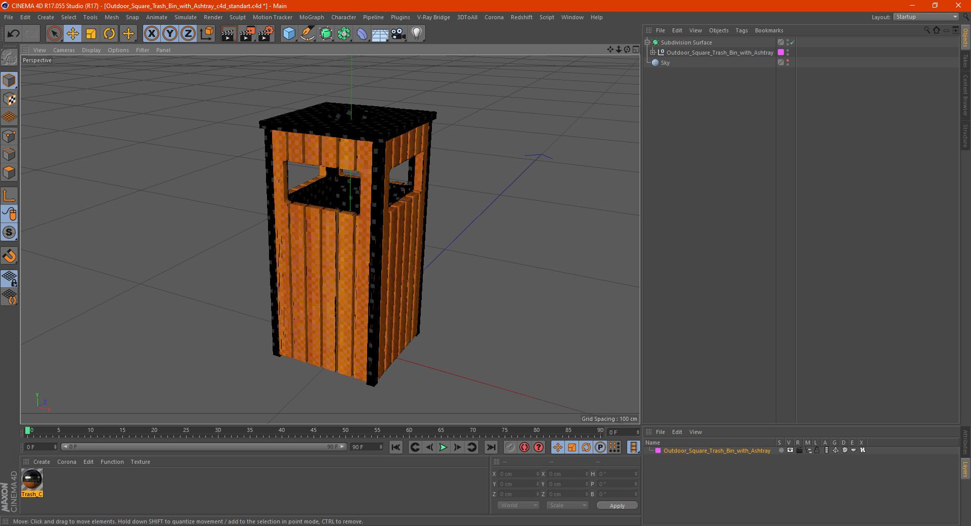 Outdoor Square Trash Bin with Ashtray 3D