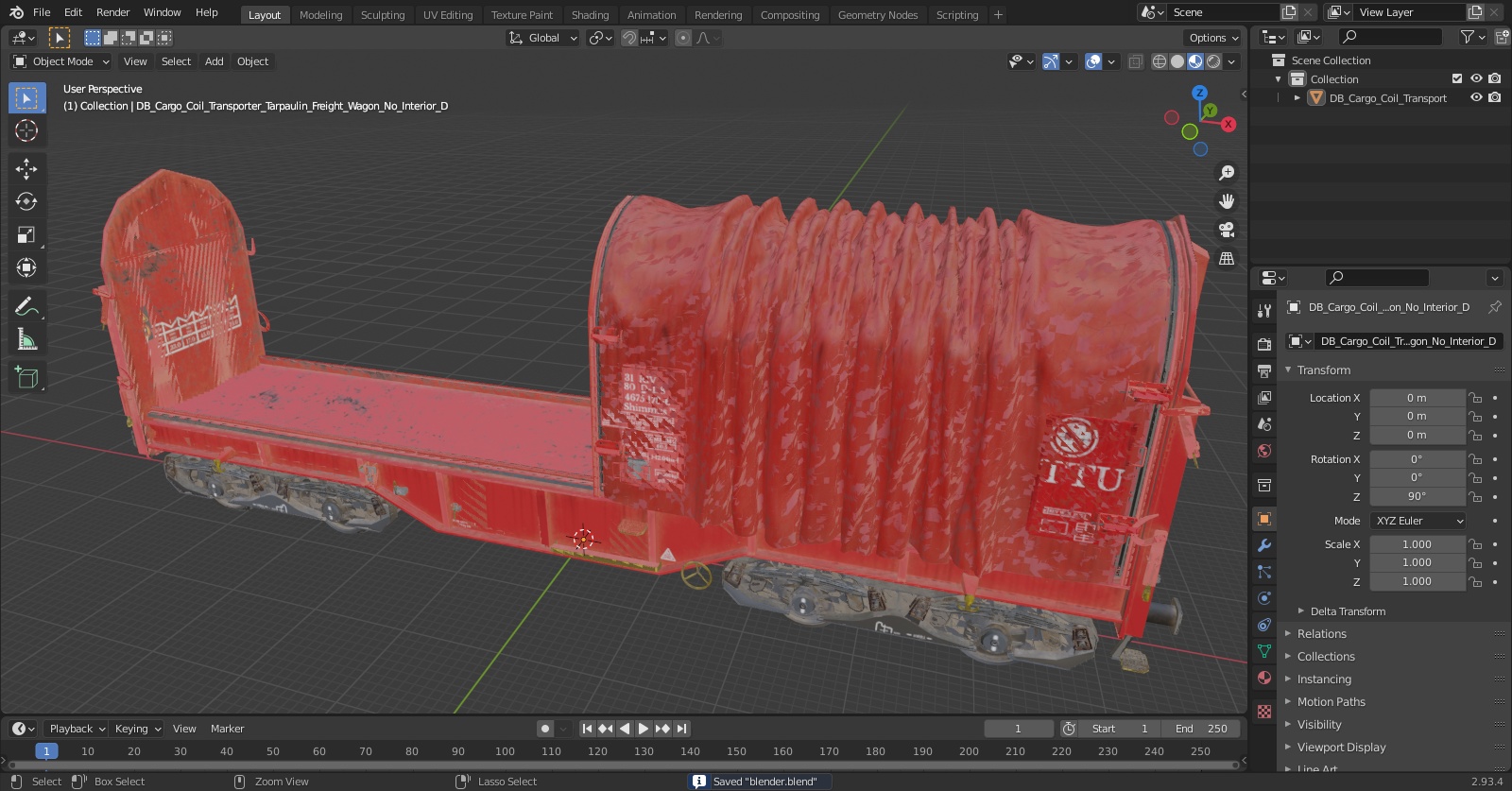 DB Cargo Coil Transporter Tarpaulin Freight Wagon No Interior Dirty 3D
