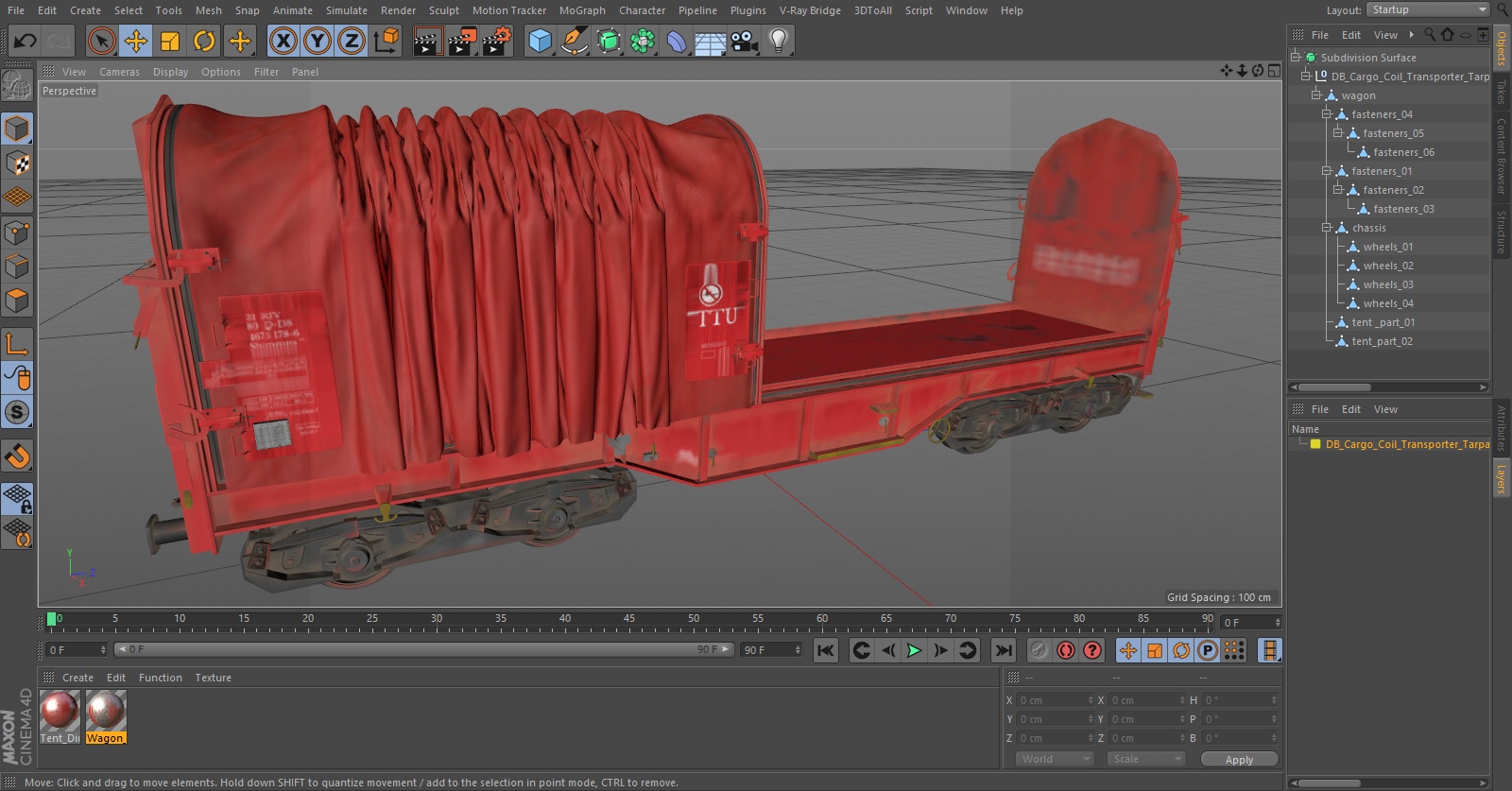 DB Cargo Coil Transporter Tarpaulin Freight Wagon No Interior Dirty 3D