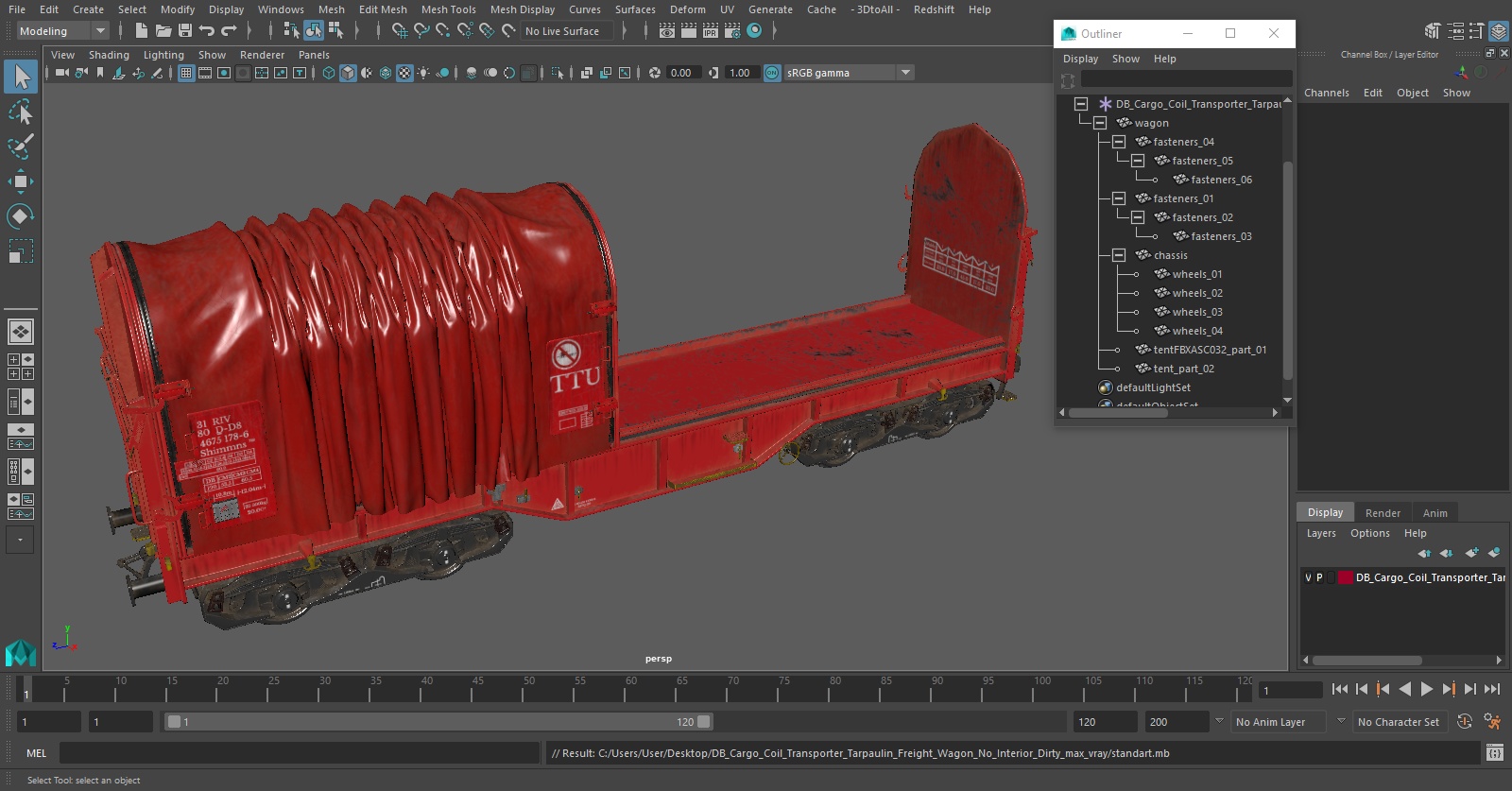 DB Cargo Coil Transporter Tarpaulin Freight Wagon No Interior Dirty 3D