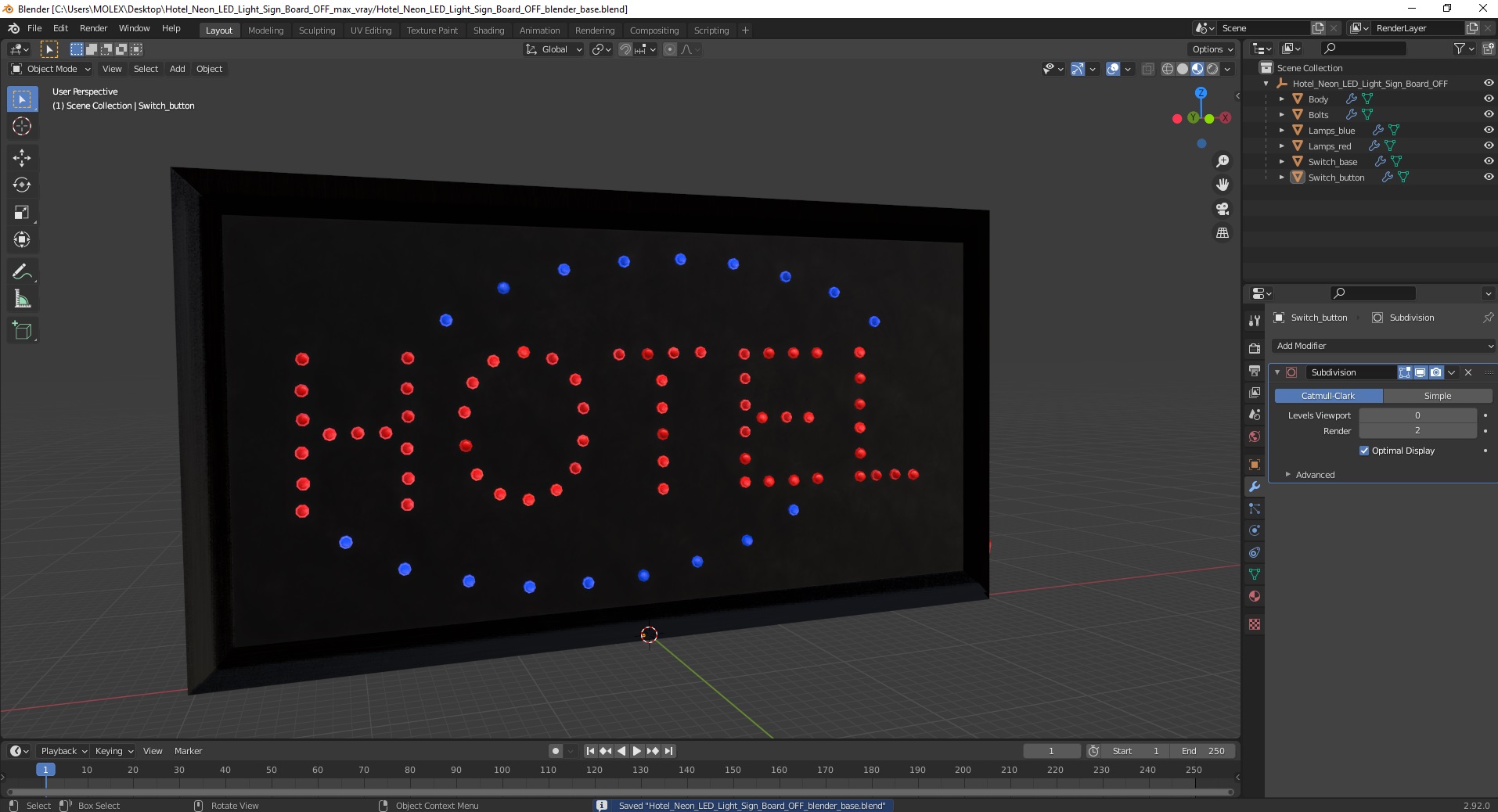 3D model Hotel Neon LED Light Sign Board OFF