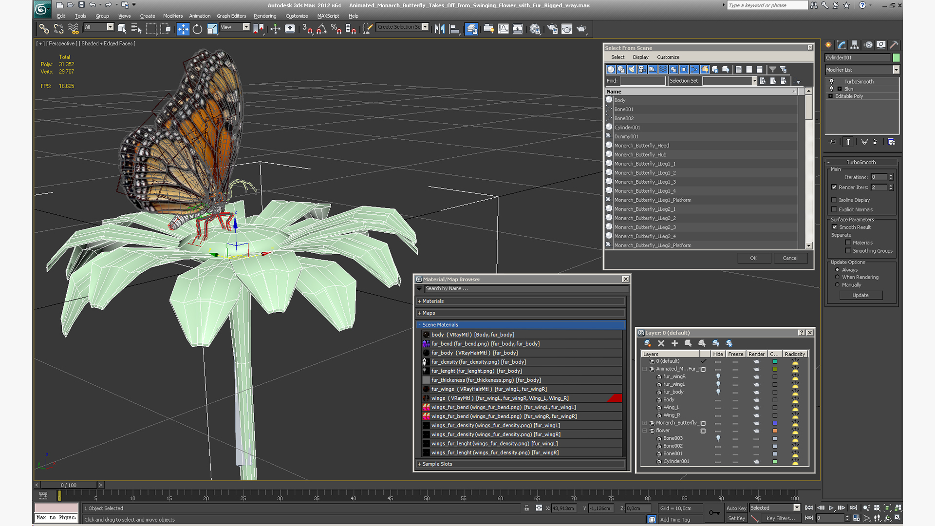 3D Animated Monarch Butterfly Takes Off from Swinging Flower with Fur Rigged model