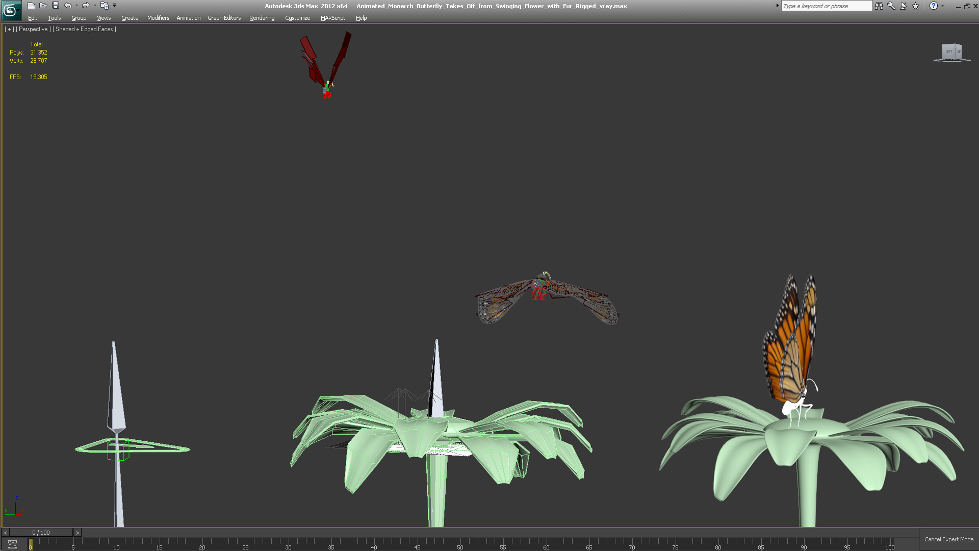 3D Animated Monarch Butterfly Takes Off from Swinging Flower with Fur Rigged model