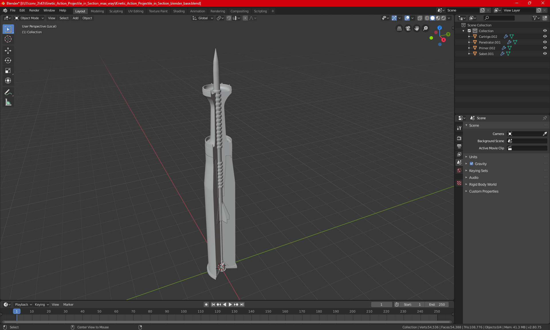 3D Kinetic Action Projectile in Section