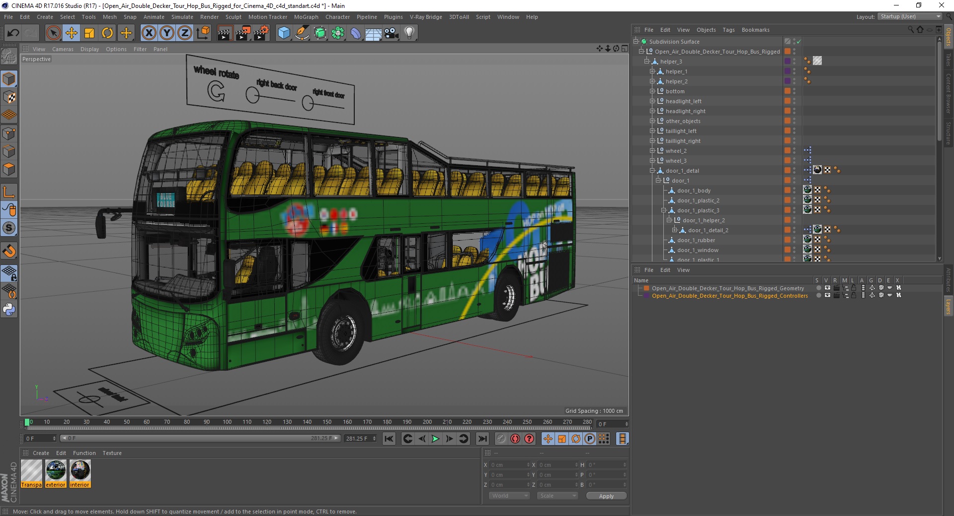 3D Open Air Double Decker Tour Hop Bus Rigged for Cinema 4D