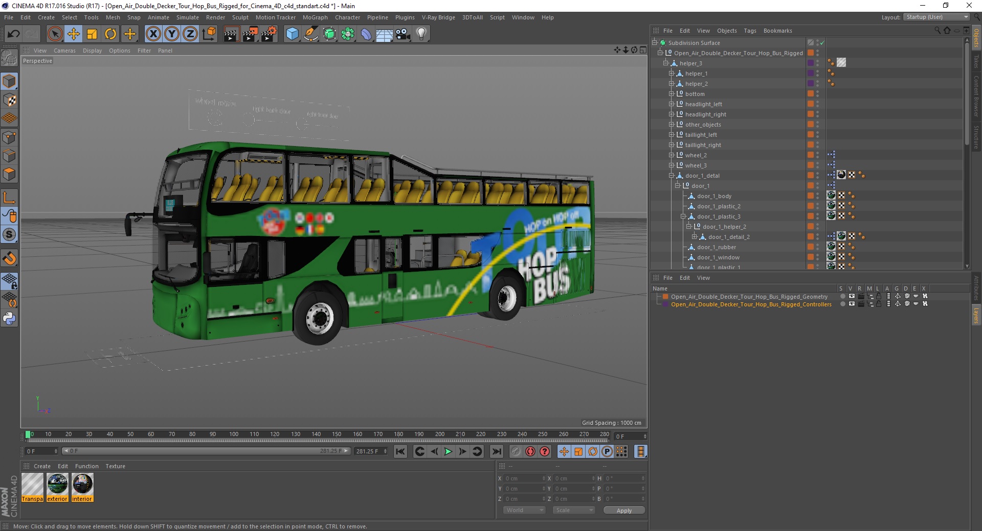 3D Open Air Double Decker Tour Hop Bus Rigged for Cinema 4D