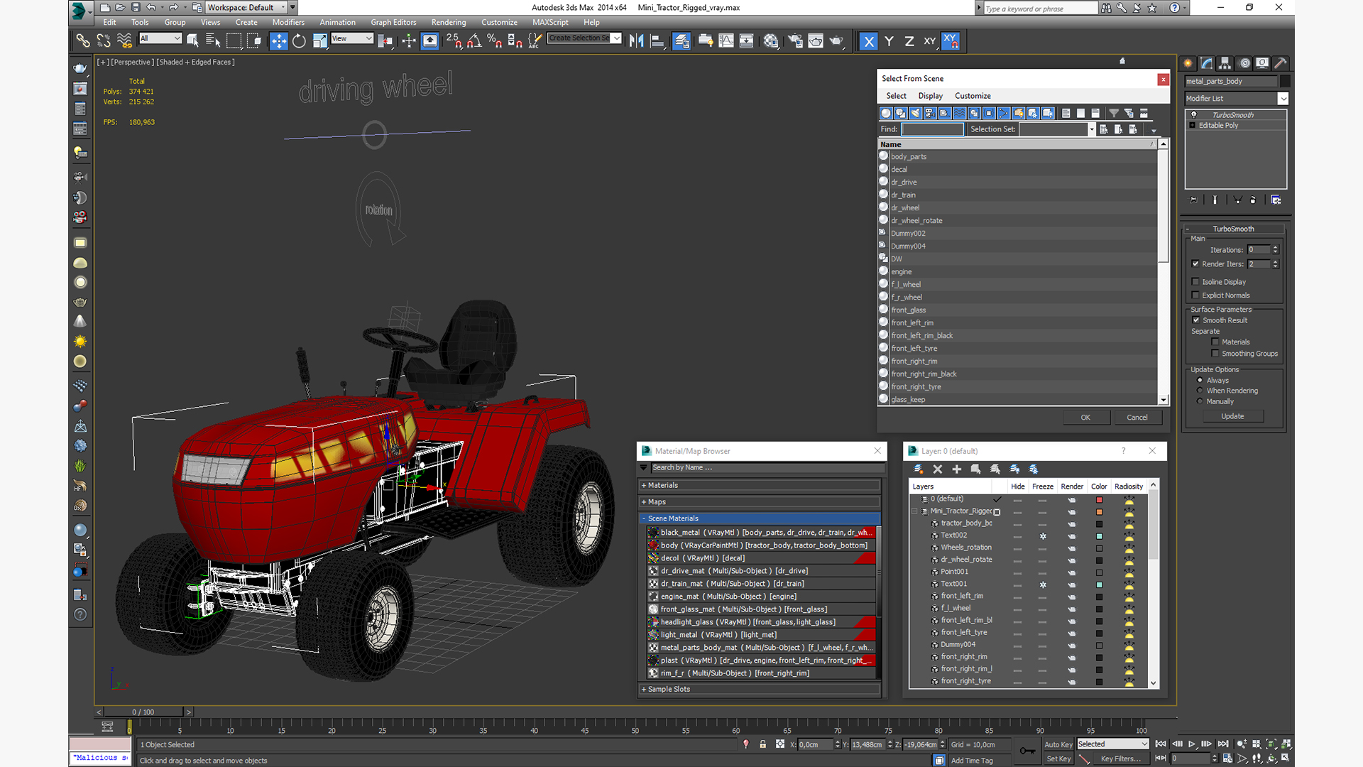 Mini Tractor Rigged 3D model