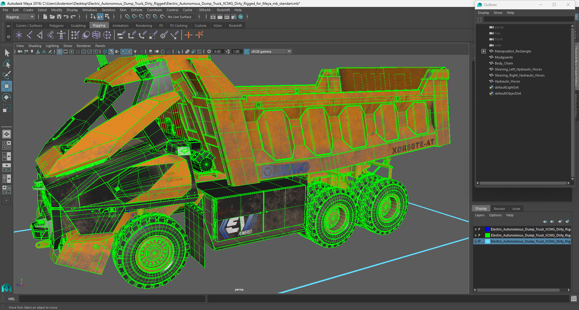 Electric Autonomous Dump Truck XCMG Dirty Rigged for Maya 3D