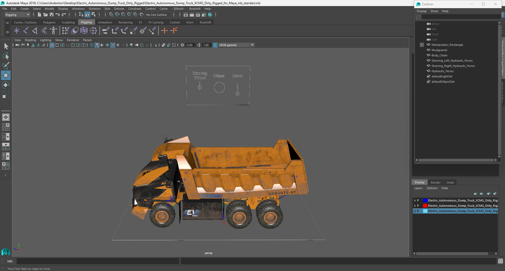 Electric Autonomous Dump Truck XCMG Dirty Rigged for Maya 3D
