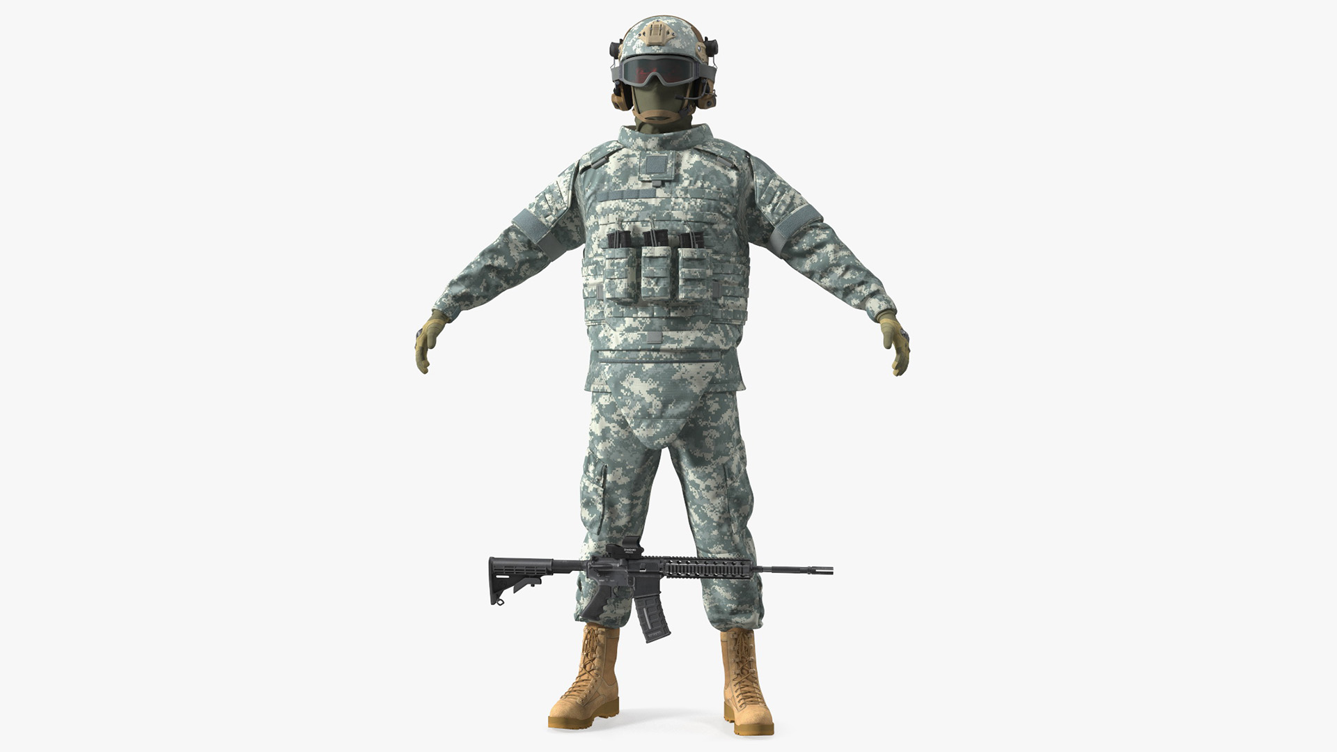 3D Army Soldier in Grey Camo A-pose Fur