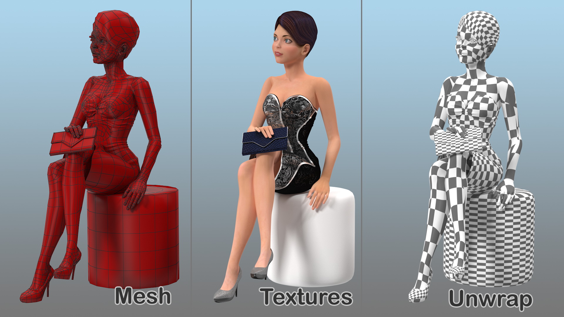3D model Cartoon Young Girl Party Clothes Sitting Pose