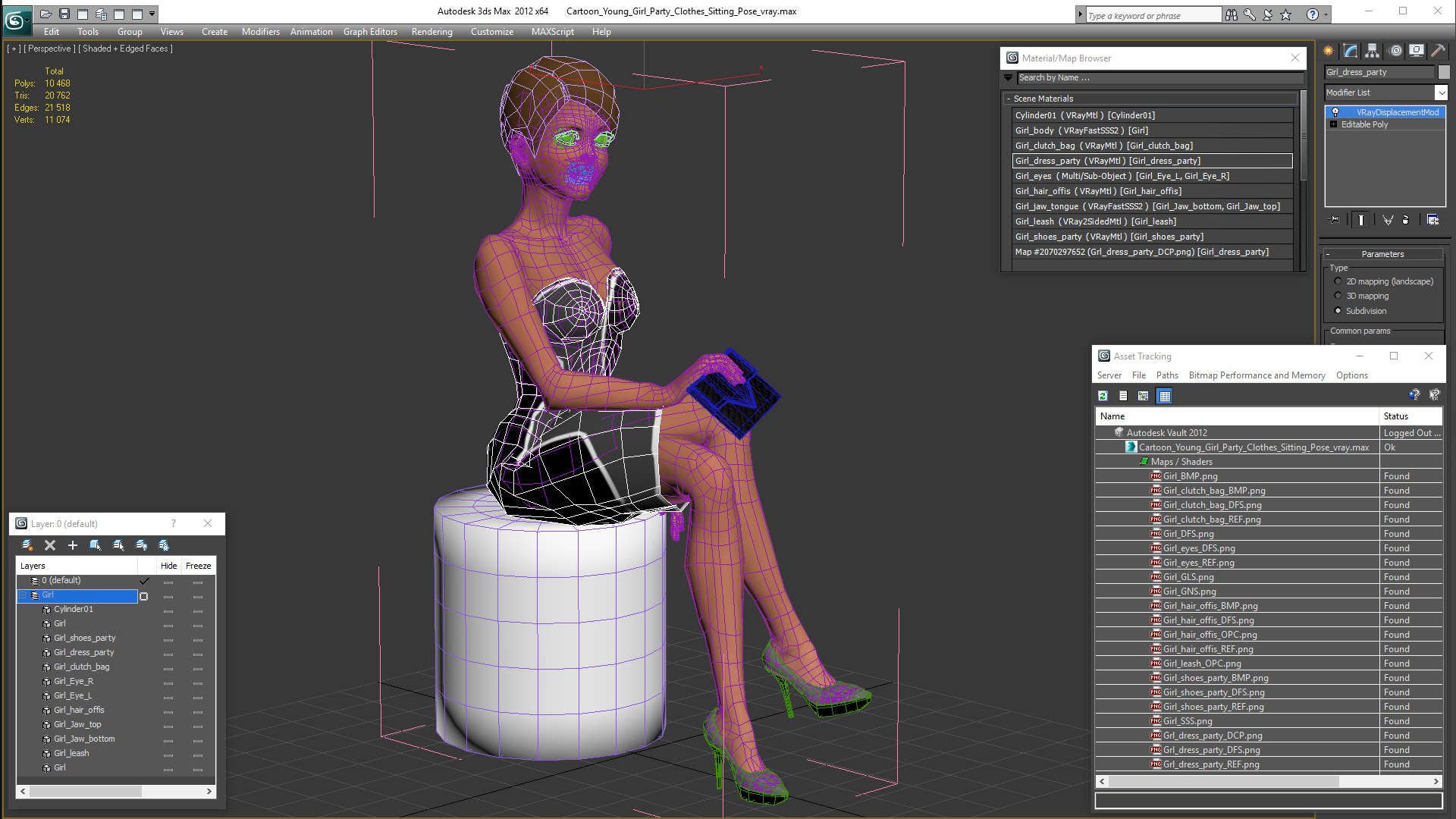 3D model Cartoon Young Girl Party Clothes Sitting Pose