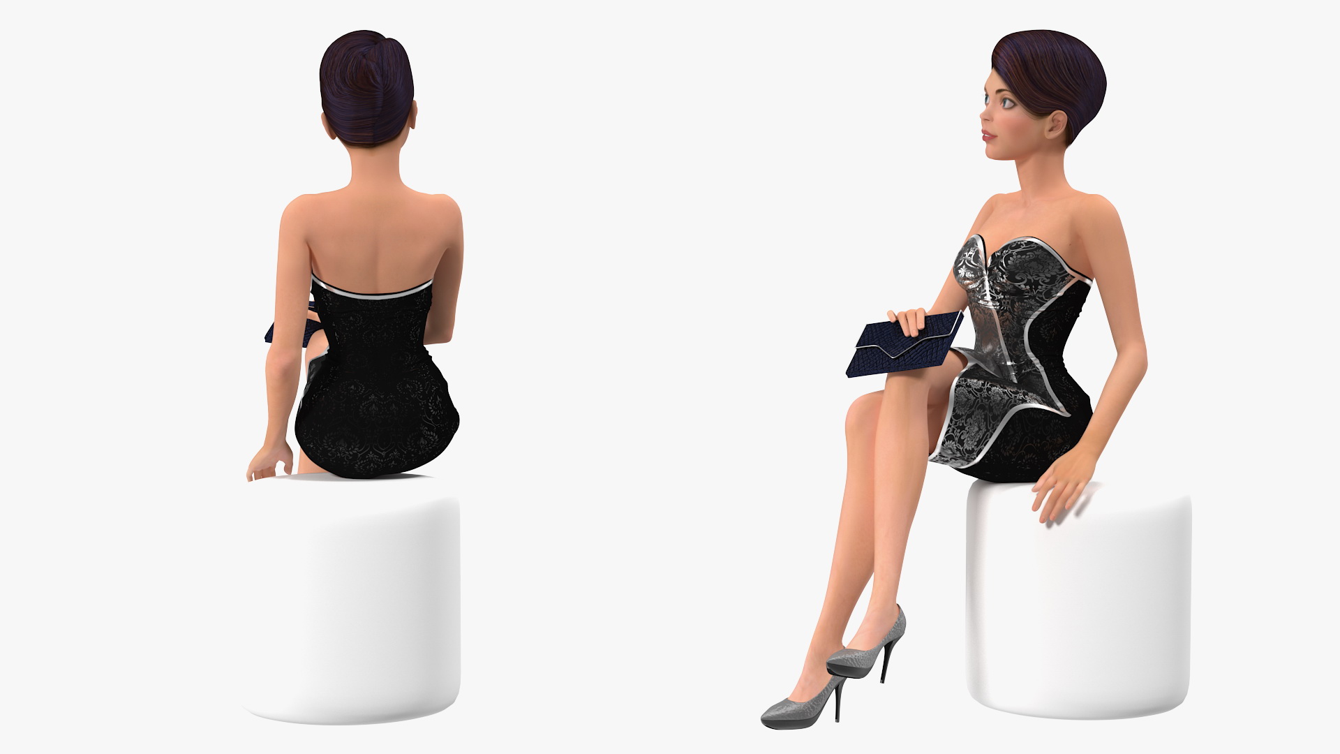 3D model Cartoon Young Girl Party Clothes Sitting Pose