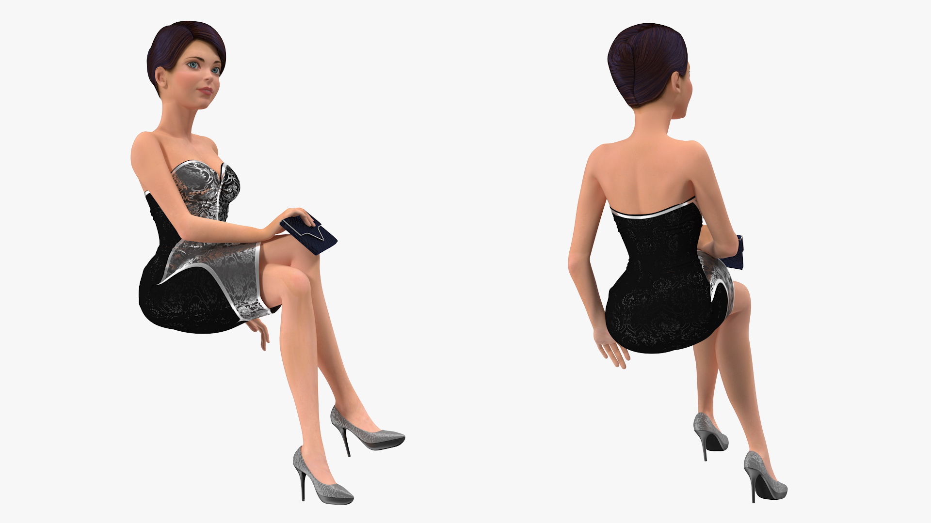 3D model Cartoon Young Girl Party Clothes Sitting Pose