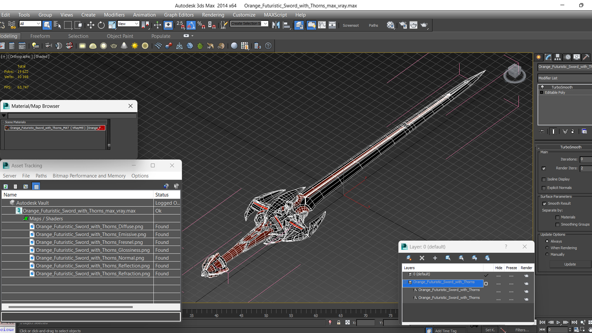 3D model Orange Futuristic Sword with Thorns