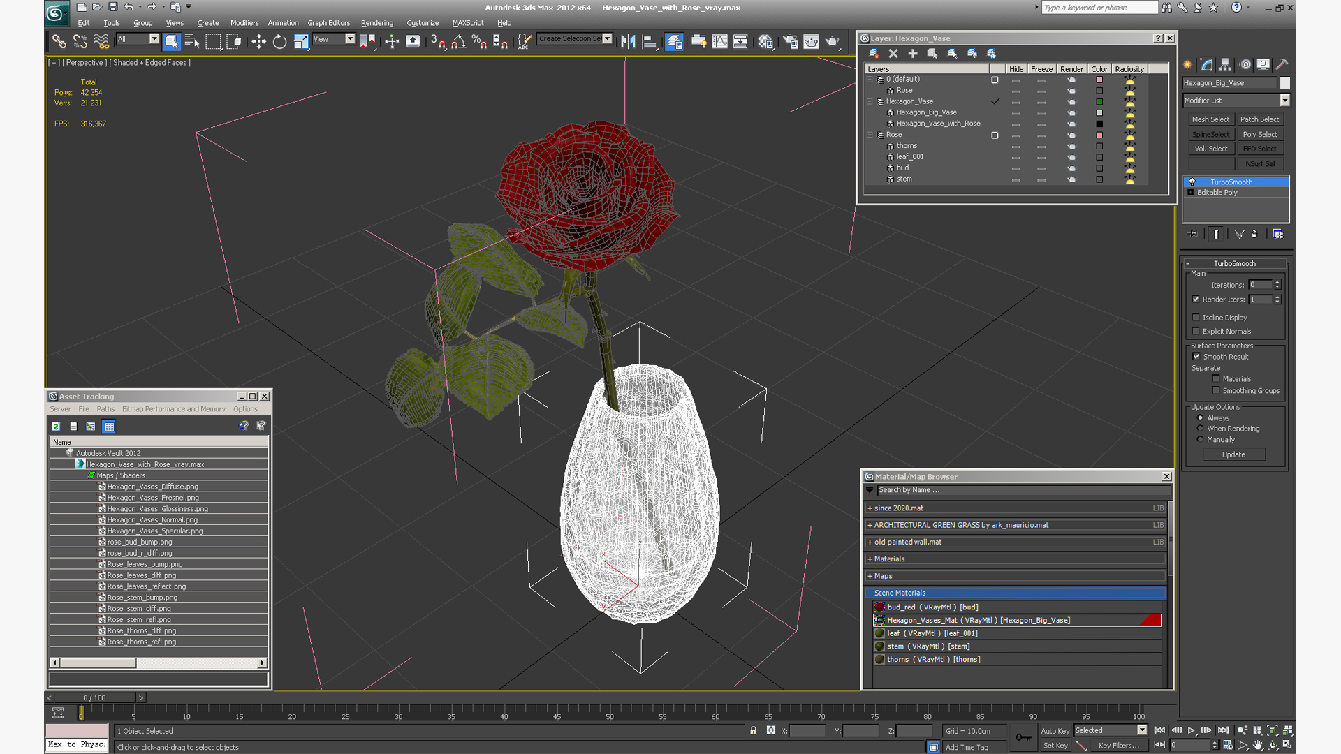 Hexagon Vase with Rose 3D