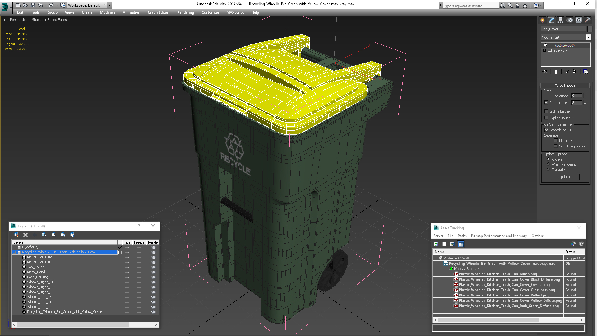 3D model Recycling Wheelie Bin Green with Yellow Cover