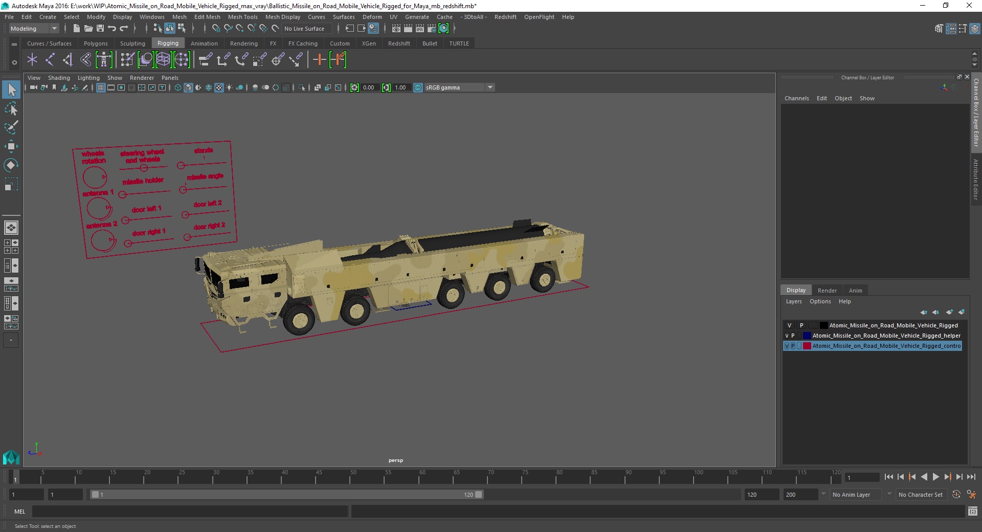 3D Atomic Missile on Road Mobile Vehicle Rigged for Maya model