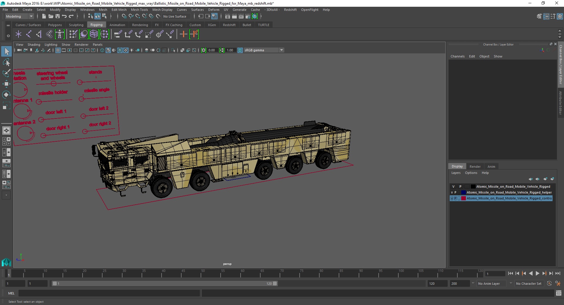 3D Atomic Missile on Road Mobile Vehicle Rigged for Maya model