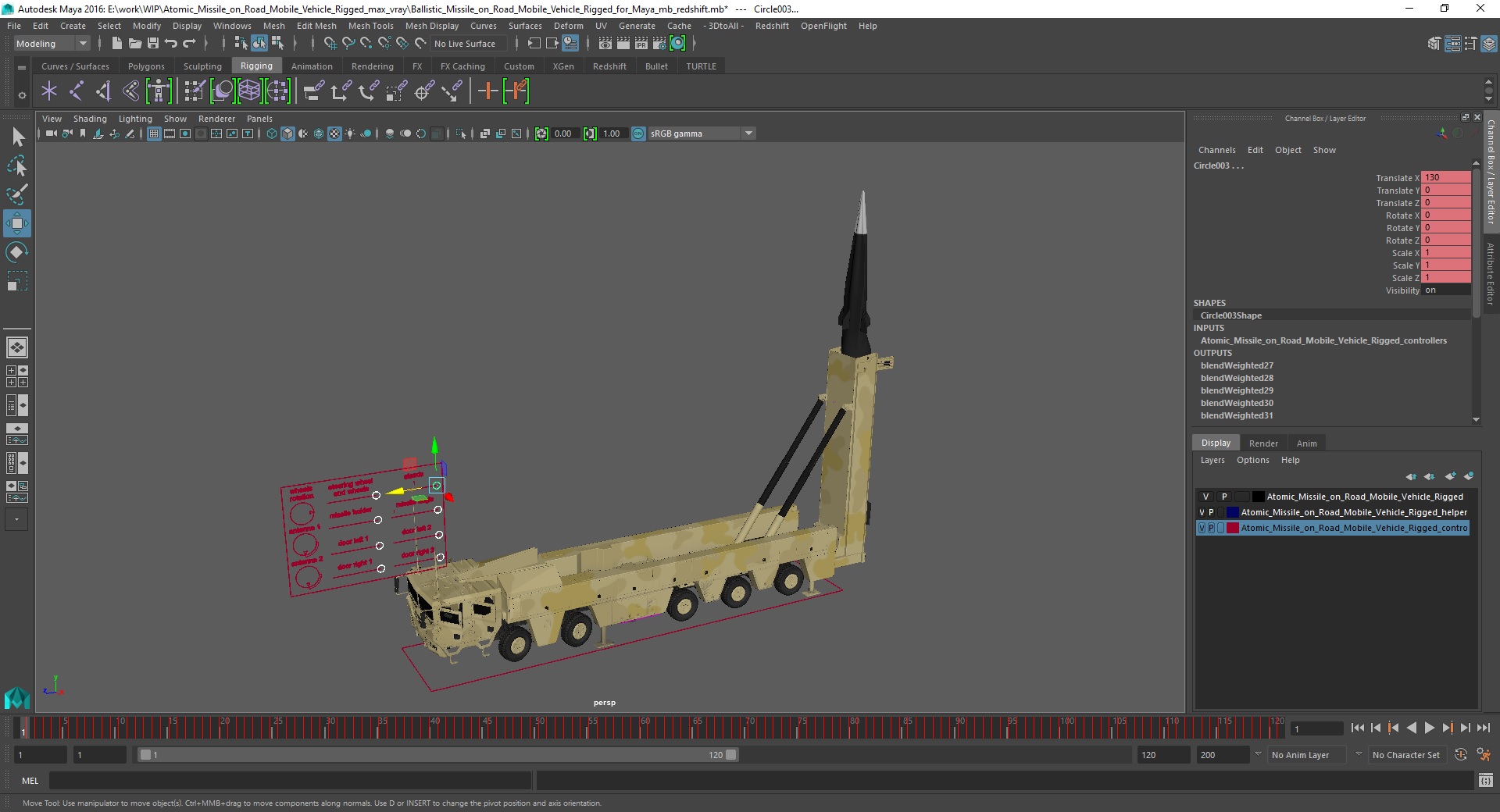 3D Atomic Missile on Road Mobile Vehicle Rigged for Maya model
