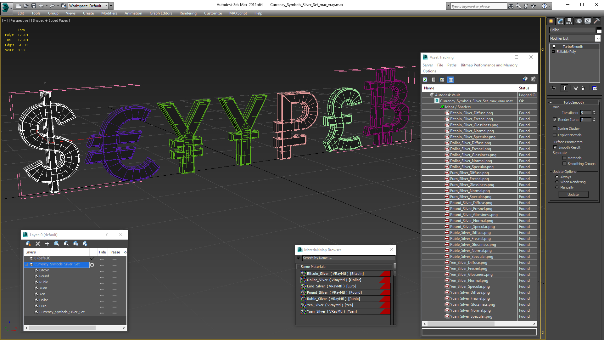 Currency Symbols Silver Set 3D