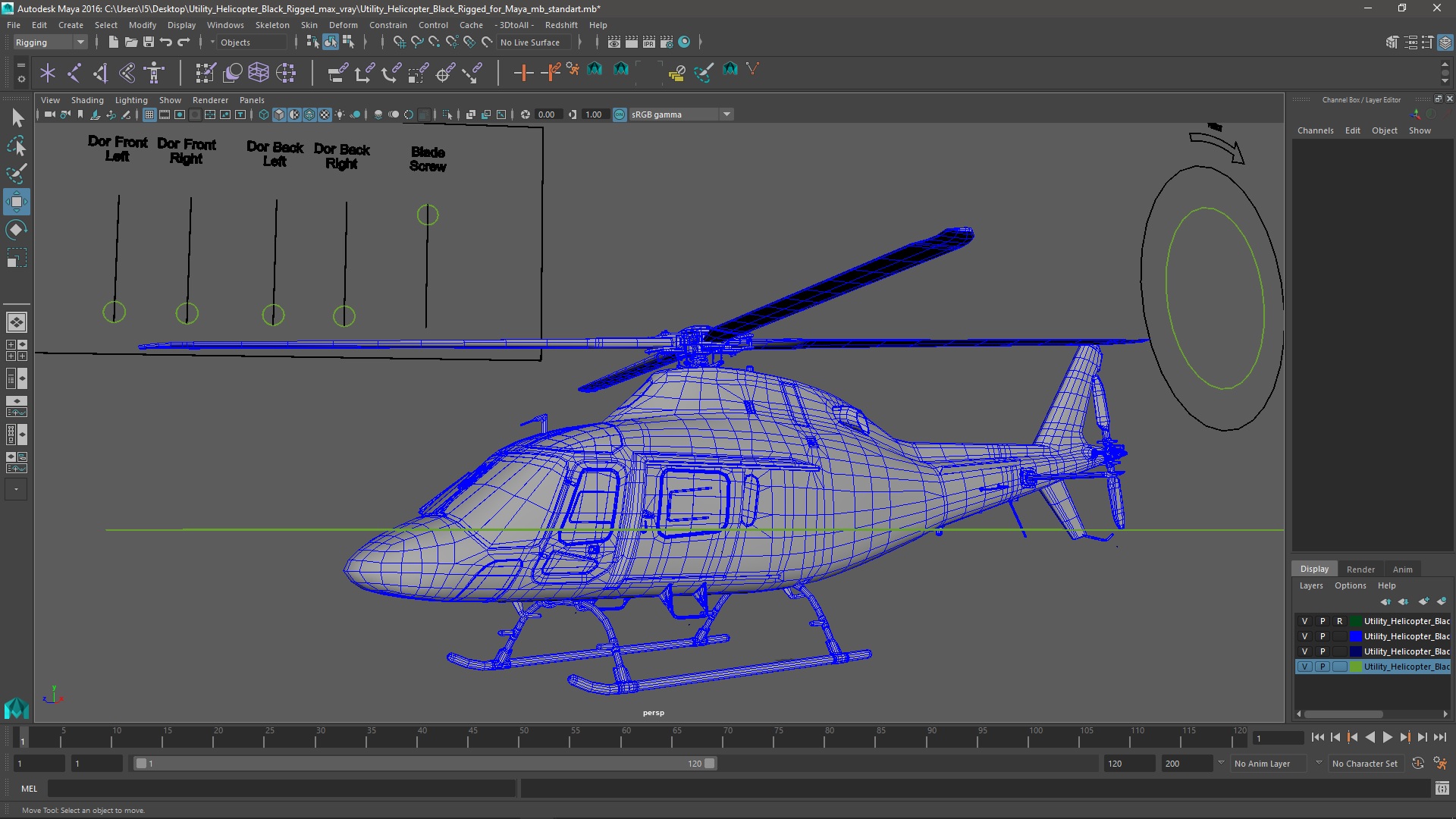 3D model Utility Helicopter Black Rigged for Maya