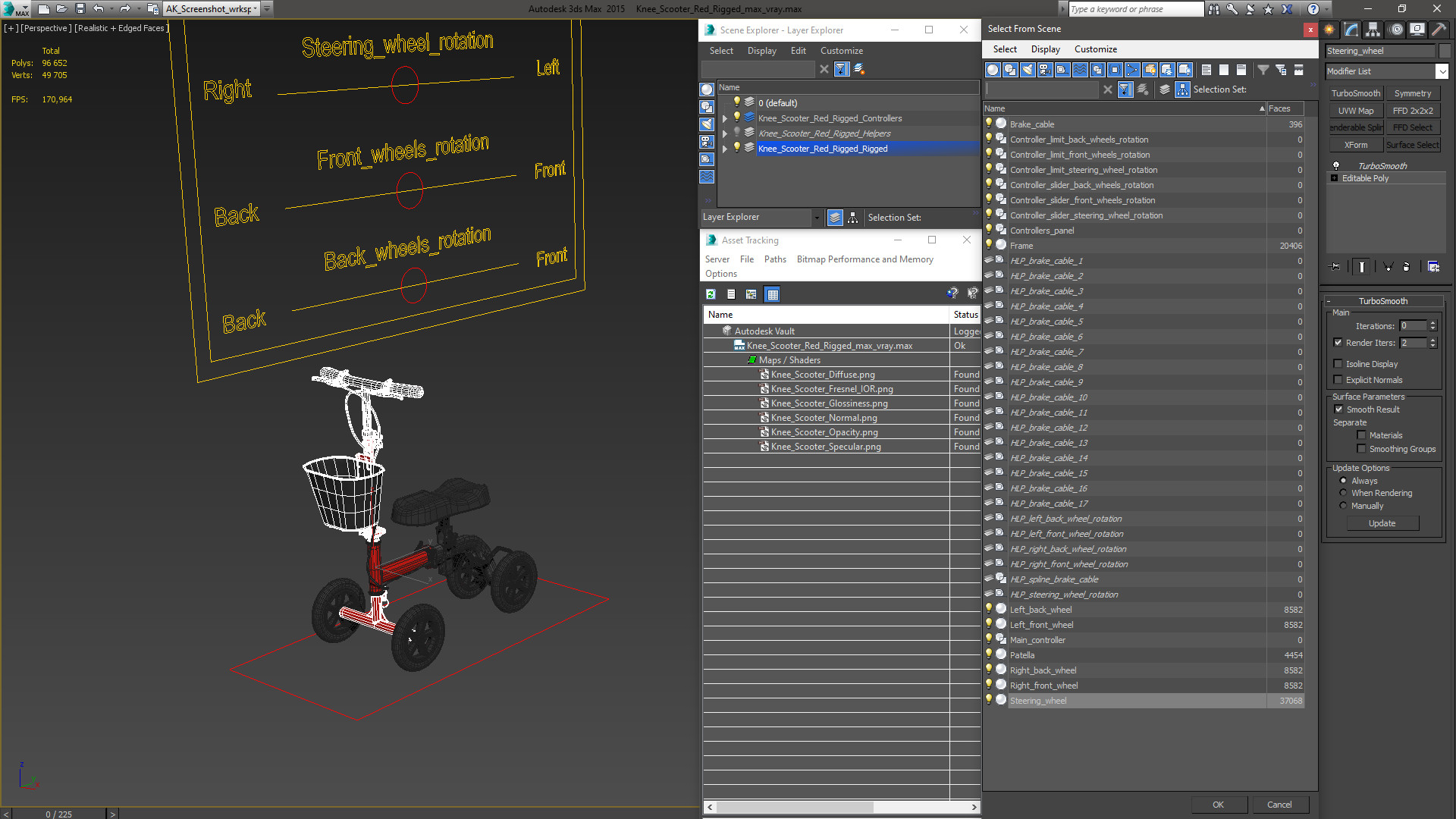 Knee Scooter Red Rigged for Maya 3D