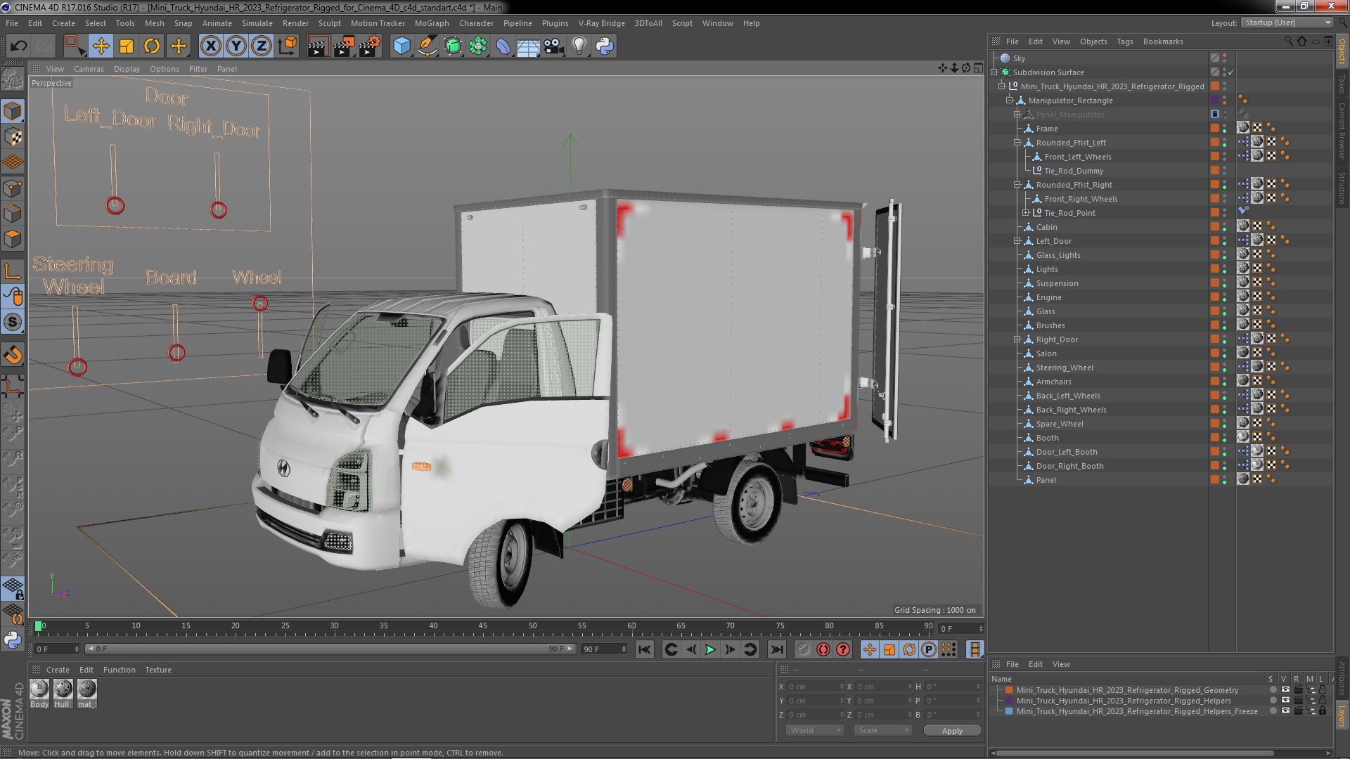 3D model Mini Truck Hyundai HR 2023 Refrigerator Rigged for Cinema 4D