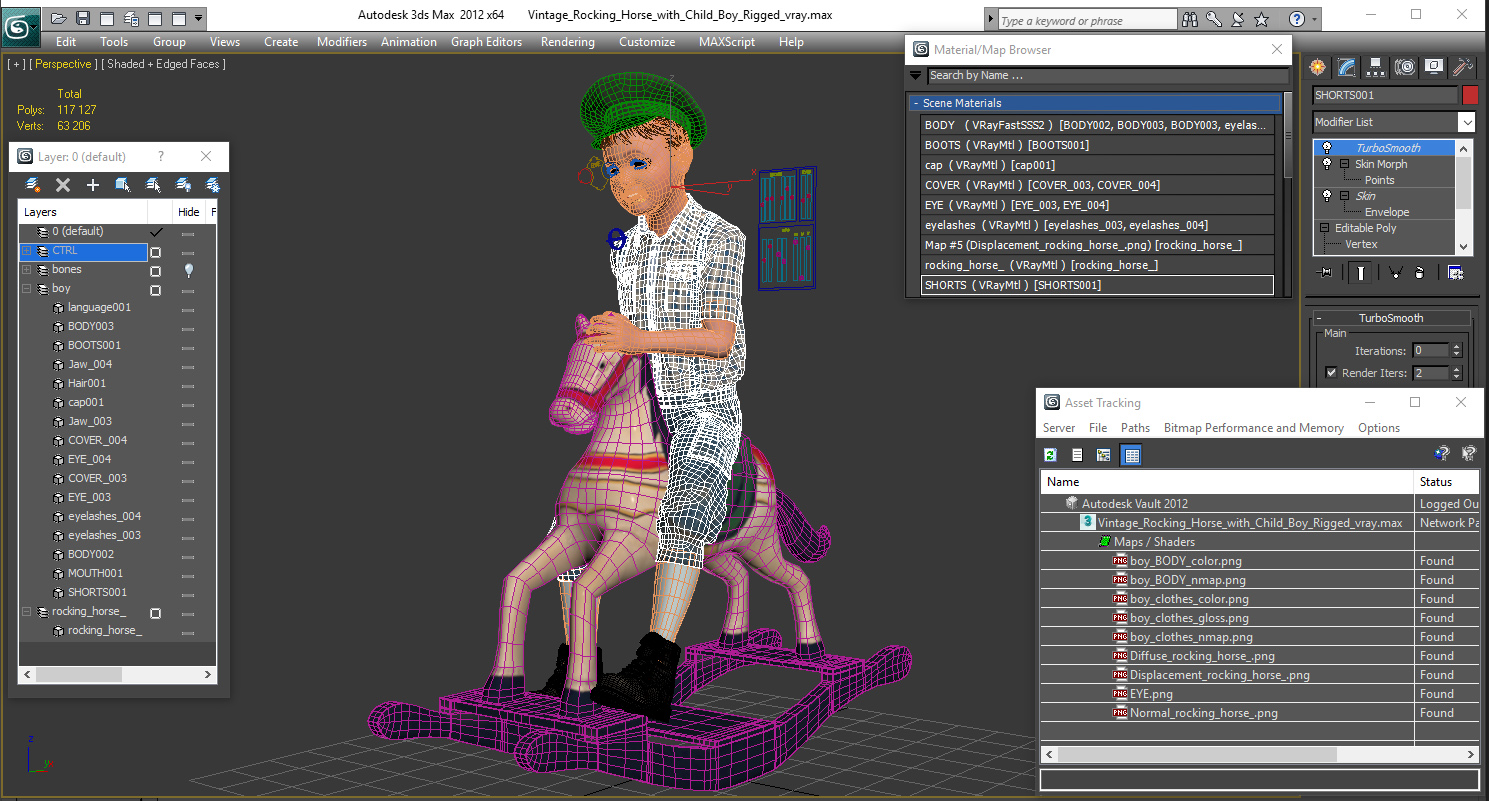 3D Vintage Rocking Horse with Child Boy Rigged model