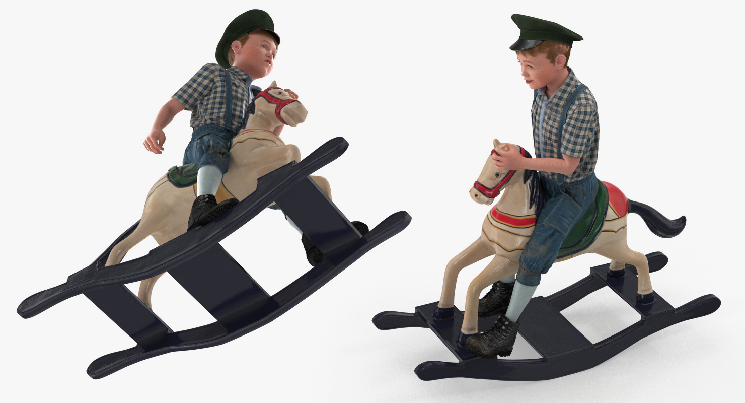3D Vintage Rocking Horse with Child Boy Rigged model