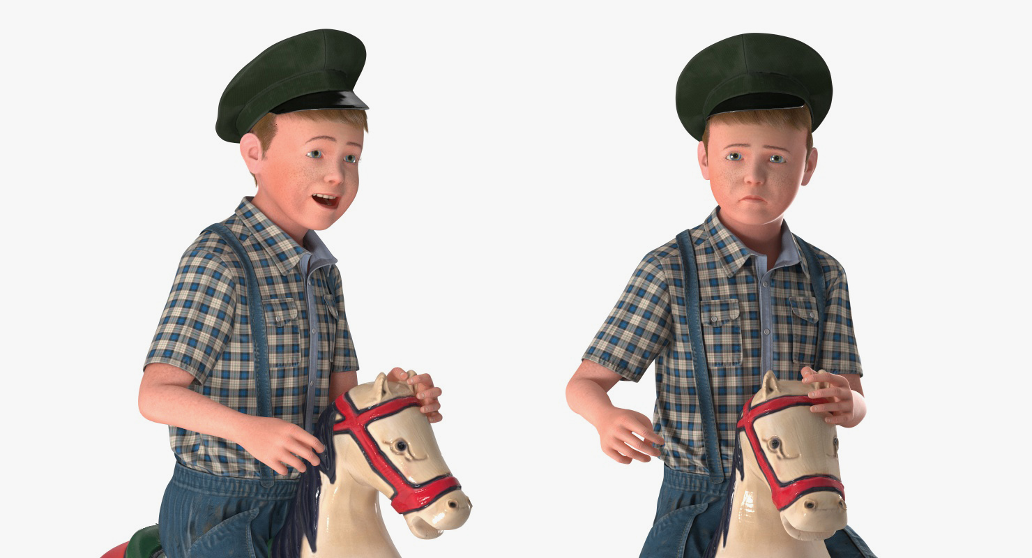 3D Vintage Rocking Horse with Child Boy Rigged model