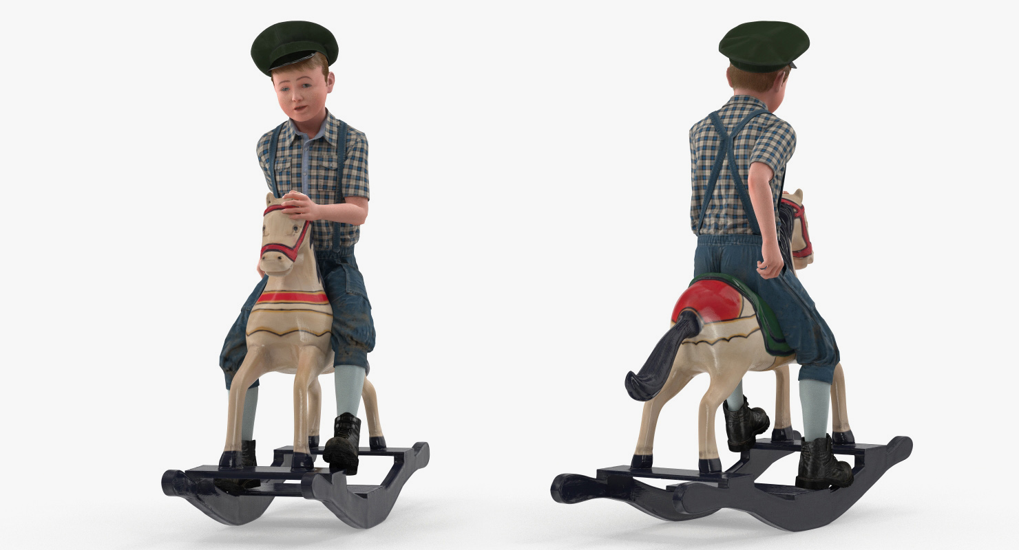 3D Vintage Rocking Horse with Child Boy Rigged model