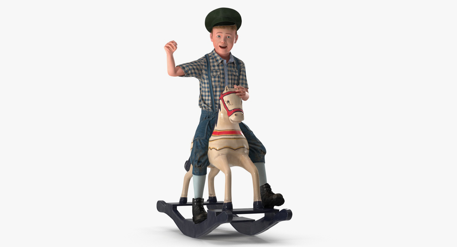 3D Vintage Rocking Horse with Child Boy Rigged model