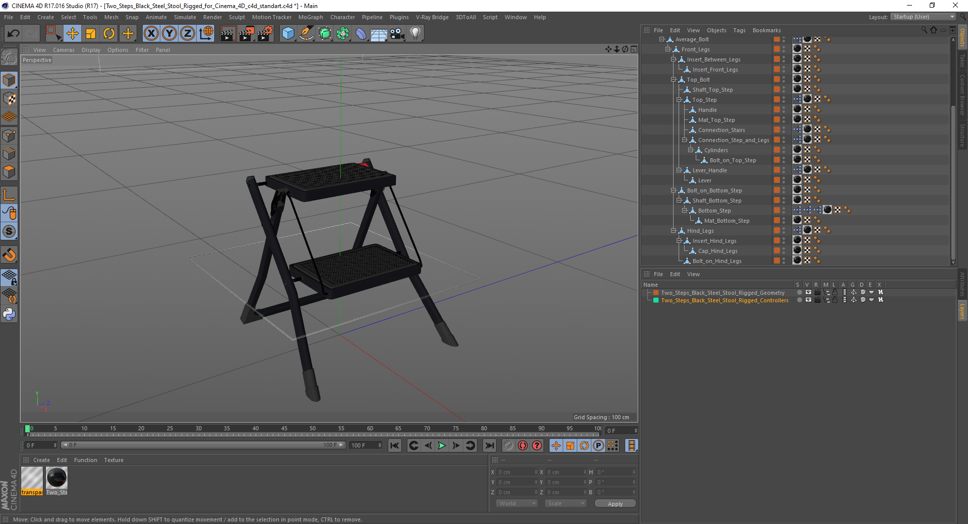 3D Two Steps Black Steel Stool Rigged for Cinema 4D model