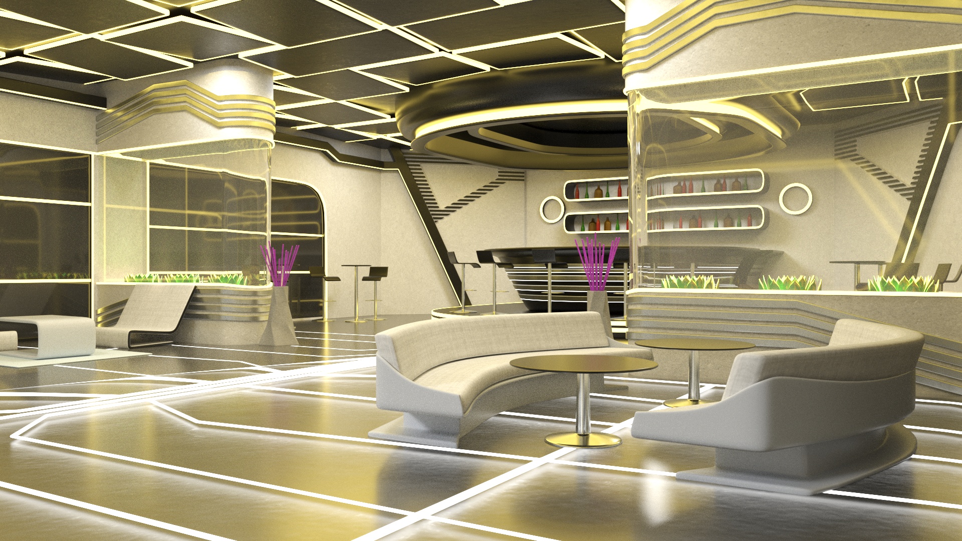 3D model Fantastic Cafe Interior Yellow Lights On