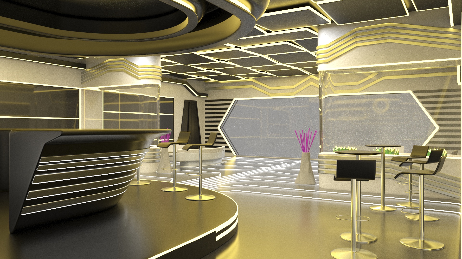 3D model Fantastic Cafe Interior Yellow Lights On