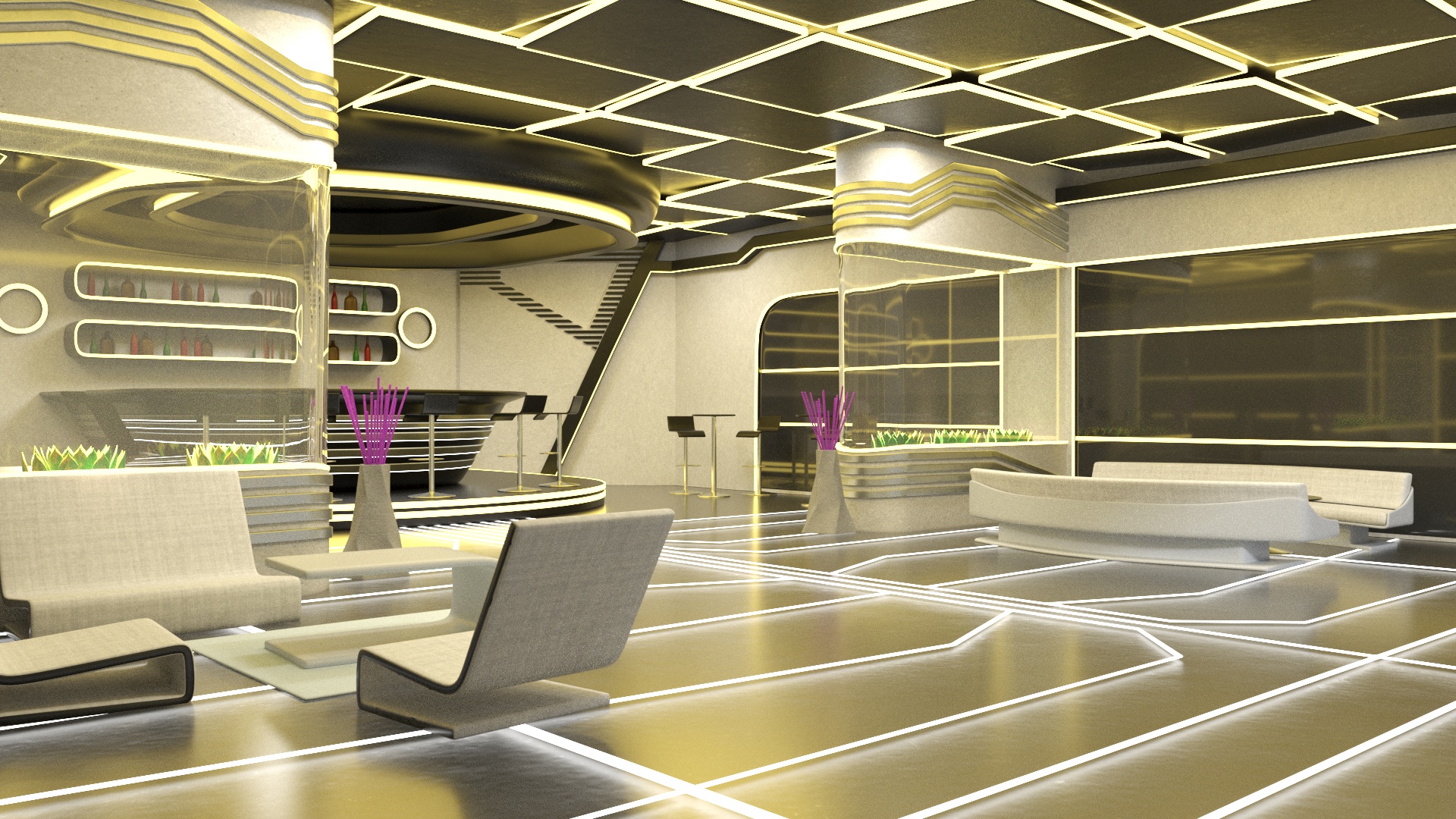 3D model Fantastic Cafe Interior Yellow Lights On