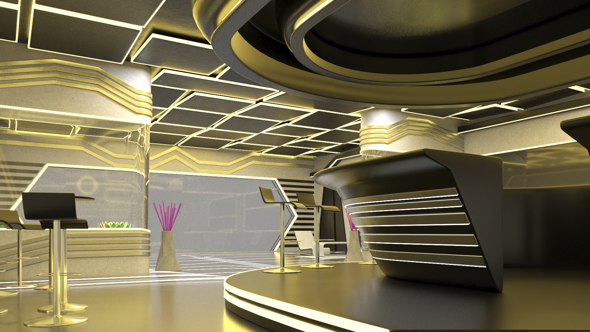 3D model Fantastic Cafe Interior Yellow Lights On